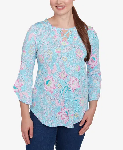 Ruby Rd. Petite Cloisonne Floral Puff Print Three Quarter Sleeve Top In Capri Blue Multi