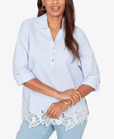 Ruby Rd. Petite Coastal Stripe Lace-hem Henley Top In Blue