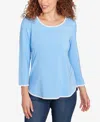 Ruby Rd. Petite Contrast Embroidered Solid Knit Top In Blue