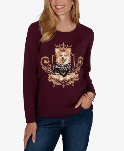 Ruby Rd. Petite Corgi-graphic Scoop Neck Pullover In Burgundy