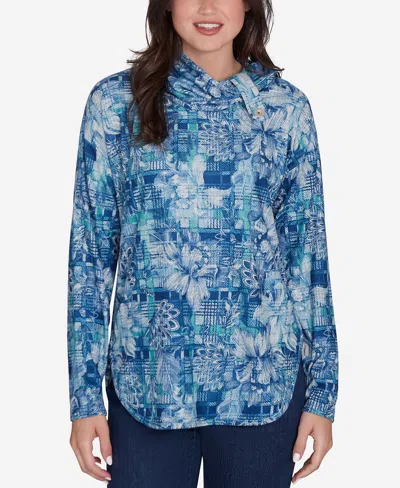Ruby Rd. Petite Cowl Neck Floral Plaid Printed Hatchi Knit Top In Porcelain Blue Multi