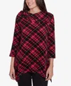 Ruby Rd. Petite Cowl Neck Plaid Chenille Ribbed Knit Split Top In Beet Multi