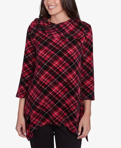 Ruby Rd. Petite Cowl Neck Plaid Chenille Ribbed Knit Split Top In Beet Multi
