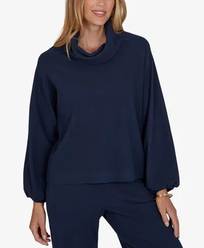 Ruby Rd. Petite Cowl Neck Ribbed Top In Blue
