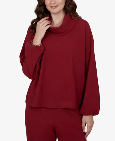 Ruby Rd. Petite Cowl Neck Ribbed Top In Red