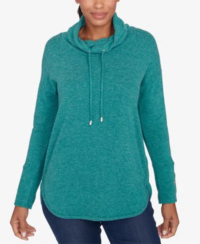 Ruby Rd. Petite Cowl Neck Solid Hatchi Knit Top With Drawstring In Green