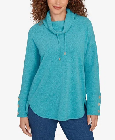 Ruby Rd. Petite Cozy Cowl Neck Drawstring Top In Blue