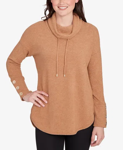 Ruby Rd. Petite Cozy Cowl Neck Drawstring Top In Brown