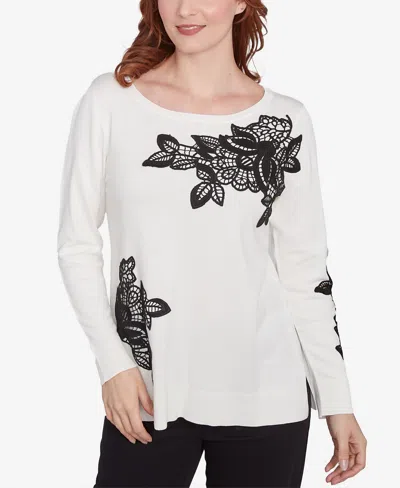 Ruby Rd. Petite Crew Neck Floral Lace Fine Gauge Sweater In Ivory