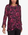 Ruby Rd. Petite Crew Neck Foiled Floral Mesh Blouse In Beet Multi