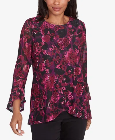 Ruby Rd. Petite Crew Neck Foiled Floral Mesh Blouse In Beet Multi