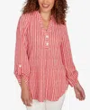 Ruby Rd. Petite Crinkle Knit Striped Henley Top In Red