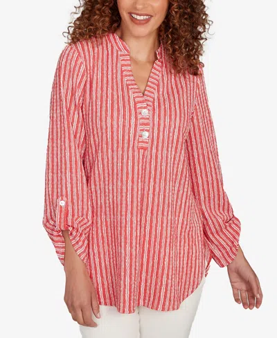 Ruby Rd. Petite Crinkle Knit Striped Henley Top In Red