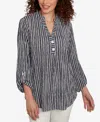 Ruby Rd. Petite Crinkle Knit Striped Henley Top In Black