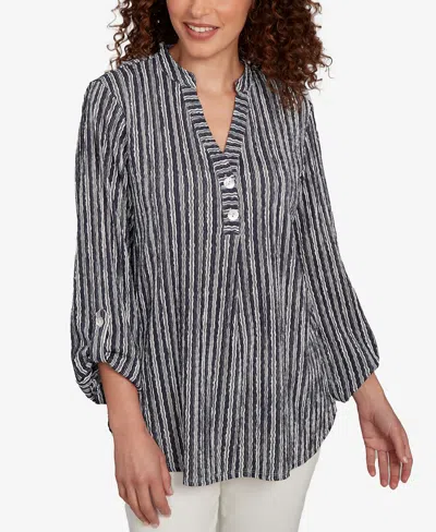 Ruby Rd. Petite Crinkle Knit Striped Henley Top In Black
