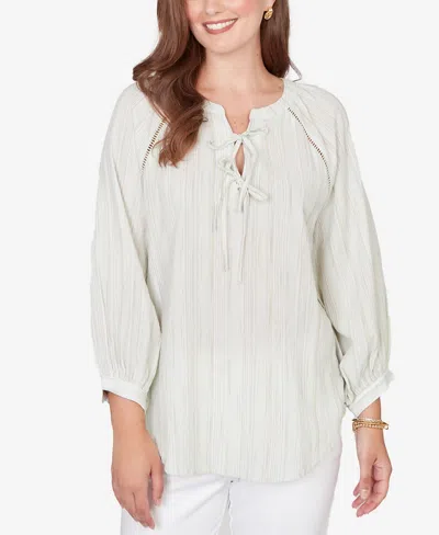 Ruby Rd. Petite Crinkle Stripe Tie Front Peasant Top In Green