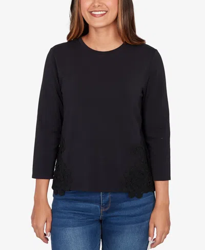 Ruby Rd. Petite Crochet Applique Stretch Knit Top In Black