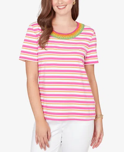 Ruby Rd. Petite Crochet Neck Stripe Knit T-shirt In Multi