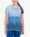 Ruby Rd. Petite Crystal Ombre Cold Shoulder Crew Neck T-shirt In Blue