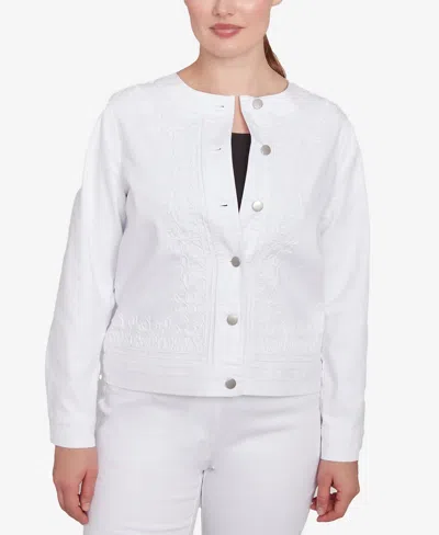 Ruby Rd. Petite Dark Stretch Denim Embroidered Jacket In White