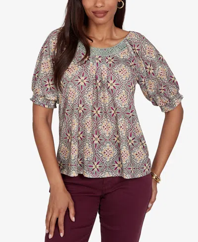 Ruby Rd. Petite Desert Geo Print Lace Trim Knit Top In Gray
