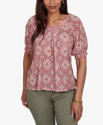 Ruby Rd. Petite Desert Geo Print Lace Trim Knit Top In Pink