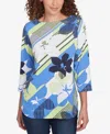 Ruby Rd. Petite Diagonal Striped Floral Three Quarter Sleeve Top In Azure Multi