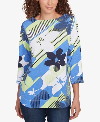 Ruby Rd. Petite Diagonal Striped Floral Three Quarter Sleeve Top In Azure Multi