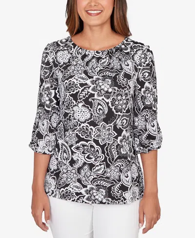 Ruby Rd. Petite Dotted Floral Puff Print Knit Top In Black