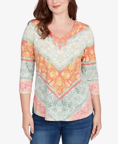 Ruby Rd. Petite Embellished Floral Chevron Knit Top In Green