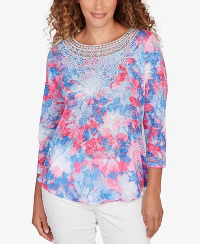 Ruby Rd. Petite Embellished Floral Sublimation 3/4 Sleeve Top In Multi