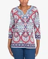 Ruby Rd. Petite Embellished Geo Border Knit Top In Blue