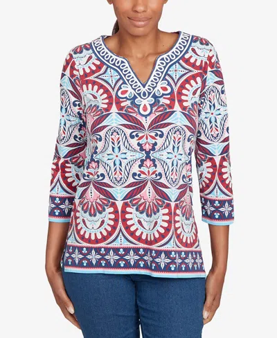 Ruby Rd. Petite Embellished Geo Border Knit Top In Blue