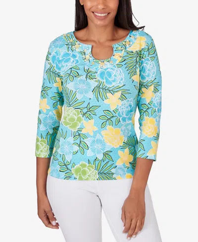 Ruby Rd. Petite Embellished Horseshoe Neck Floral Top In Aruba Blue Multi