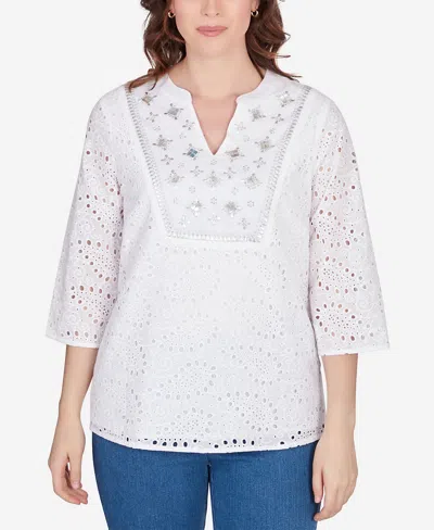 Ruby Rd. Petite Embellished Paisley Eyelet Top In White