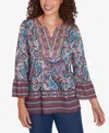 Ruby Rd. Plus Size Embellished Placket Paisley Print Slub Jersey Top In Porcelain Blue Multi