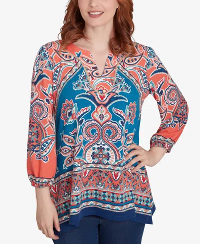 Ruby Rd. Petite Embellished Split Neck Baroque Motif Printed Hatchi Knit Top With Balloon Sleeves In Porcelain Blue Multi