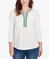 Ruby Rd. Petite Embellished Textured Split Neck Top In White