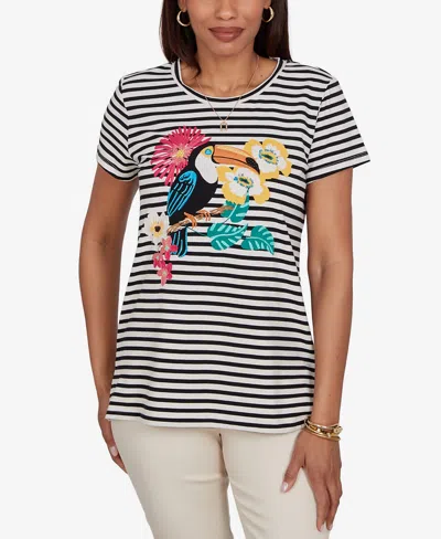 Ruby Rd. Petite Embellished Toucan Stripe Knit T-shirt In Multi