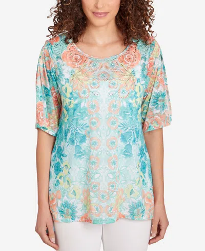 Ruby Rd. Petite Embroidered Floral Top In Clear Blue Multi