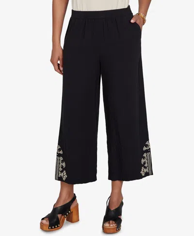 Ruby Rd. Petite Embroidered Gauze Relaxed Elastic Waist Pants In Black