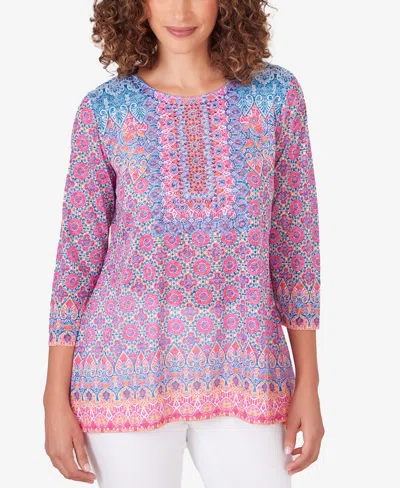 Ruby Rd. Petite Embroidered Geometric Top In Raspberry Multi