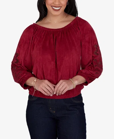 Ruby Rd. Petite Embroidered Scoop-neck 3/4-sleeve Blouse In Red