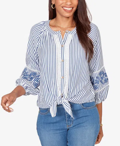 Ruby Rd. Petite Embroidered Seersucker Tie-front Henley Top In Blue