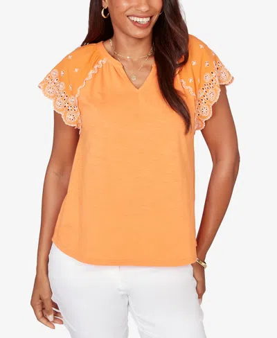 Ruby Rd. Petite Embroidered Sleeve Slub Knit T-shirt In Orange