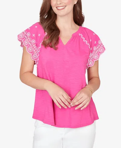 Ruby Rd. Petite Embroidered Sleeve Slub Knit T-shirt In Pink