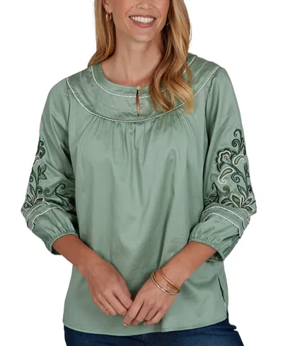Ruby Rd. Petite Embroidered Sleeve Voile Top In Jasper