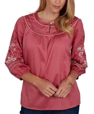Ruby Rd. Petite Embroidered Sleeve Voile Top In Rose
