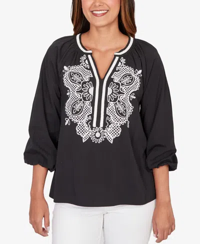 Ruby Rd. Petite Embroidered Soft Poplin Peasant Top In Black
