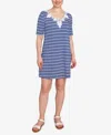 Ruby Rd. Petite Embroidered Stripe Knit Dress In Blue